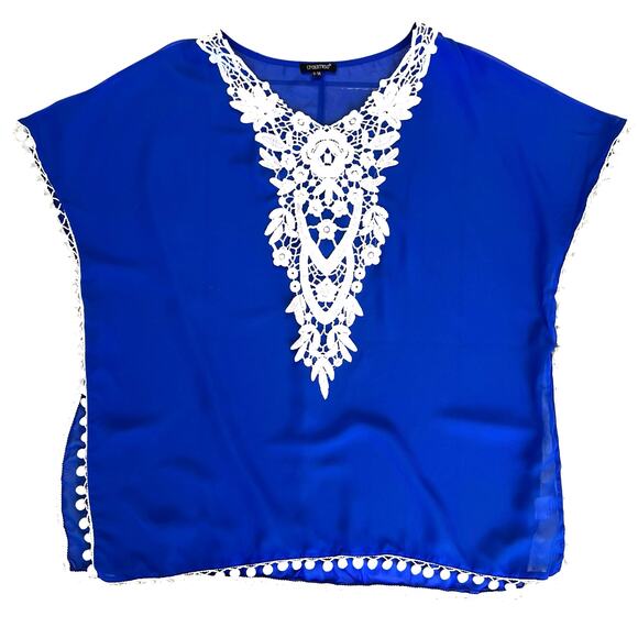 Chiffon Crochet Swimsuit Pullover Cover Up Womens S-M Blue White Beachy Vacation - Picture 14 of 15